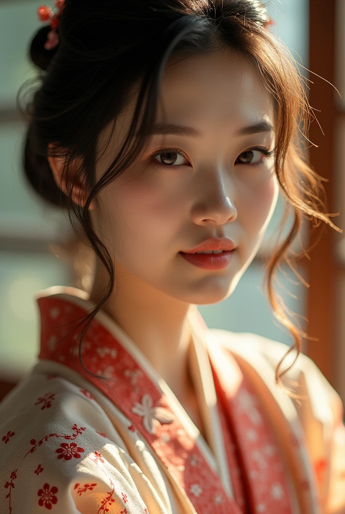 A Japanese woman elegantly dressed under natural lighting, with a close-up capturing both her breasts and her serene facial expression, showing her inner peace and outward charm.