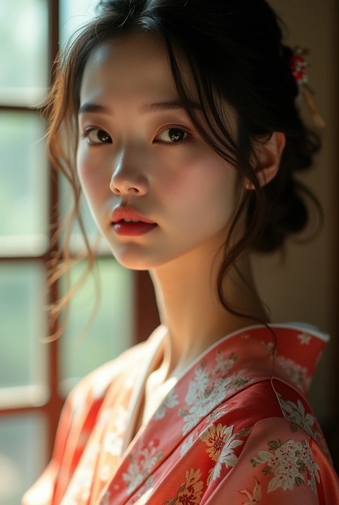 A Japanese woman elegantly dressed under natural lighting, with a close-up capturing both her breasts and her serene facial expression, showing her inner peace and outward charm.