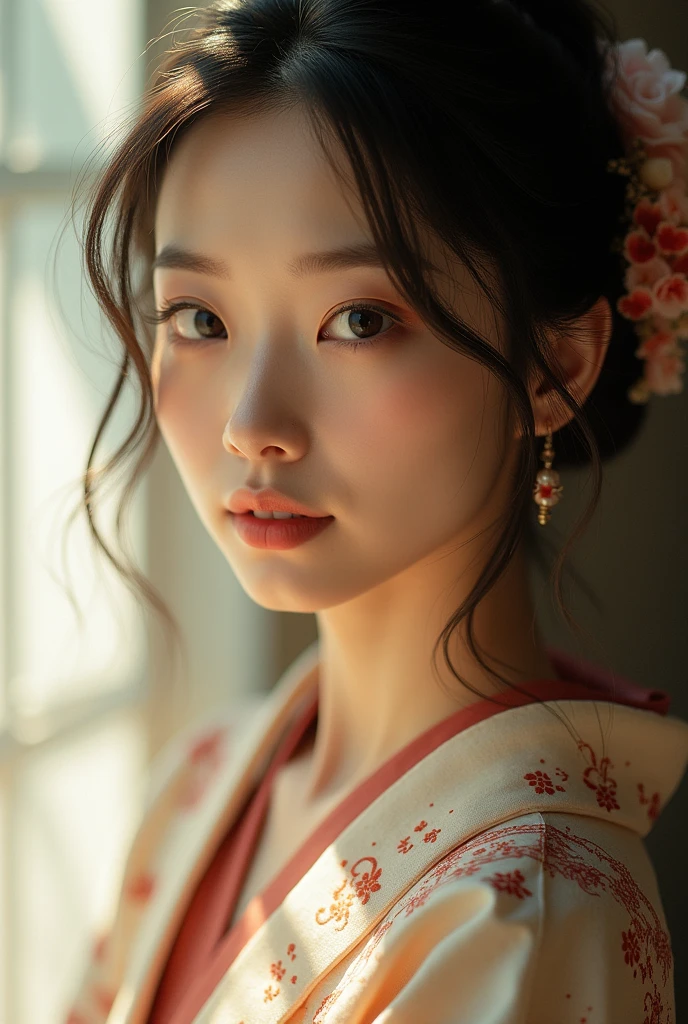 A Japanese woman elegantly dressed under natural lighting, with a close-up capturing both her breasts and her serene facial expression, showing her inner peace and outward charm.