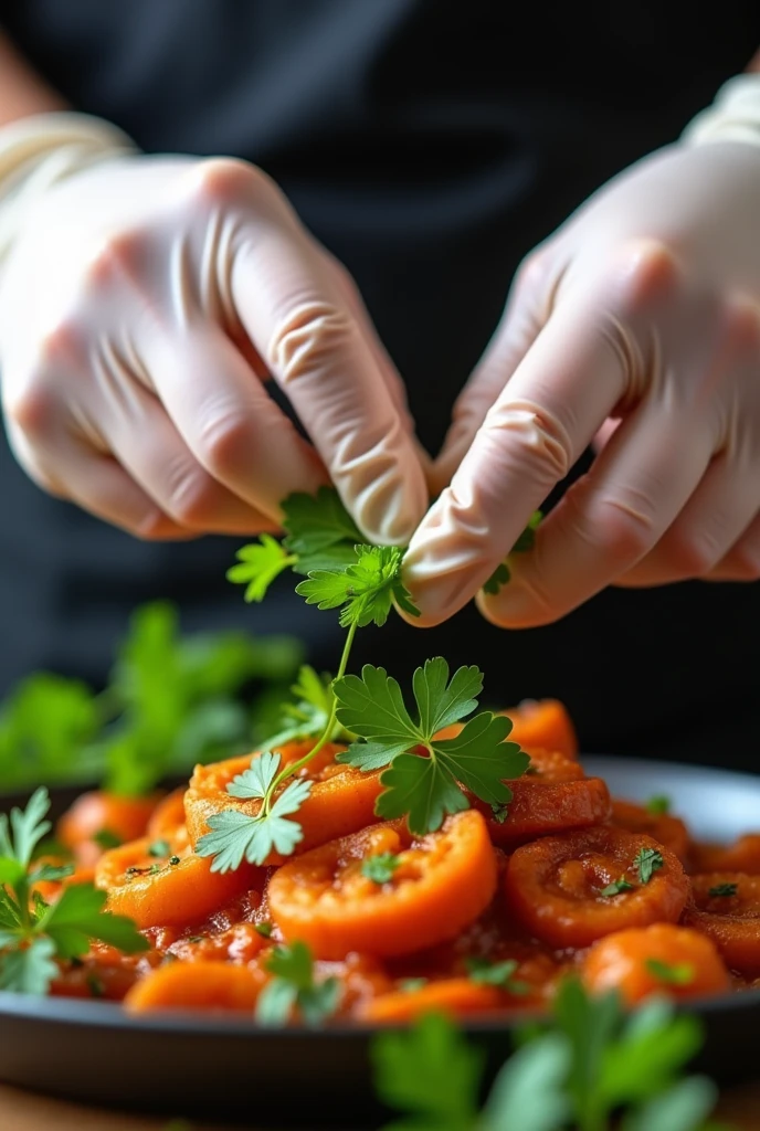 Glove hands garnishing coriander on cooked food
