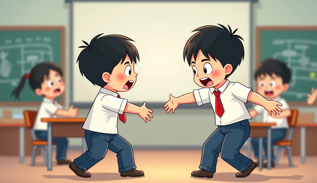 /image prompt: chinese student wear chinese school uniform( white shirt and blue pants,) ??? 3 years old boy (fight other classmate), always angry ,many  classmates scared of him ,confrontation, in classroom, have table, no one want to stay near him,  Q-version character but draw by hands for teacher ppt emotional tension, empty space around, cartoon style, HD, 16k --ar 3:4 --v 6.0