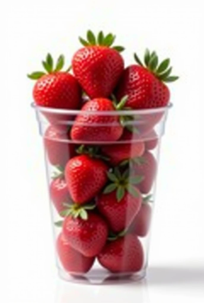A plastic cup size 12oz full of fresh strawberry with white background vertical