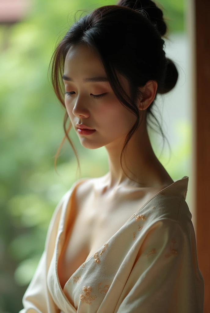 A Japanese woman elegantly dressed under natural lighting, with a close-up capturing both her breasts and her serene facial expression, showing her inner peace and outward charm.