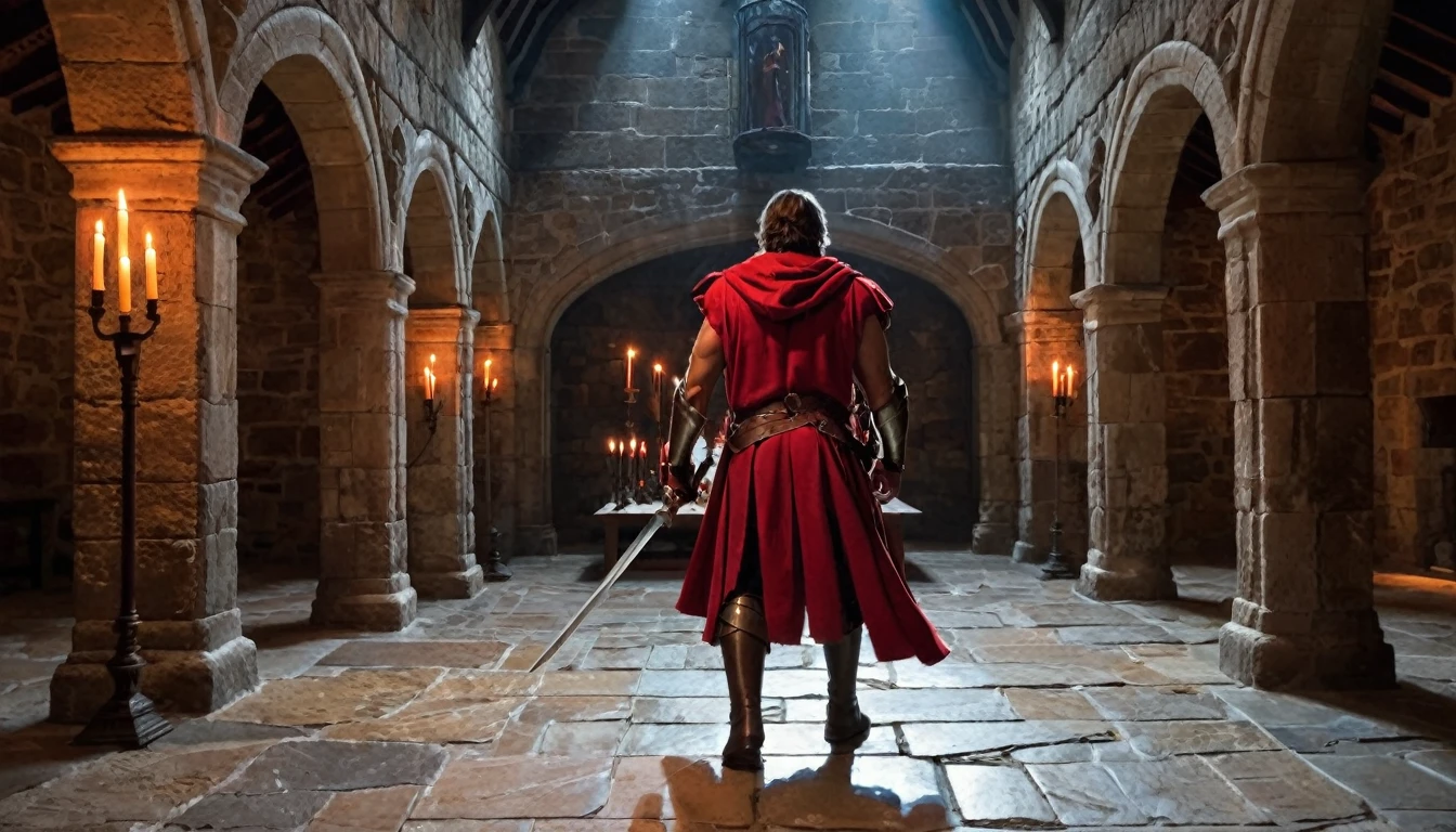 masterpiece, Inside a stone building, Stone slabs scattered on the floor, A muscular man in armor walking towards the front, dim, Candles along the walls light up the room., A large red rapier is attached to his waist, Wearing a tarnished red cloak, He wears a red loincloth under his armor.