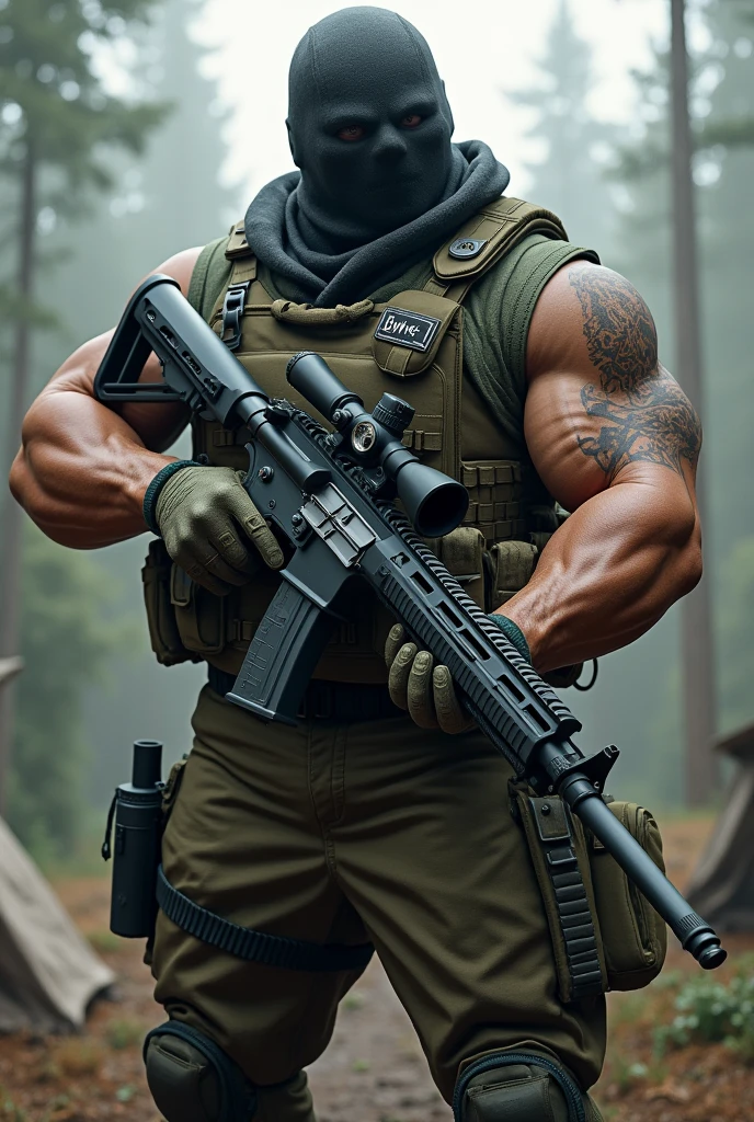 Muscular army man,holding a AWM sniper gun,camping ,ghost mask on his face,with the name Mr-BDK on his batch