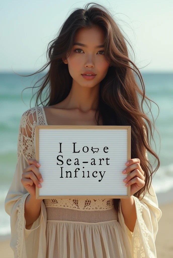 Beautiful girl with wavy long hair, bohemian dress, holding a white board with text "I Love Seaart Infinity" and showing it to the viewer