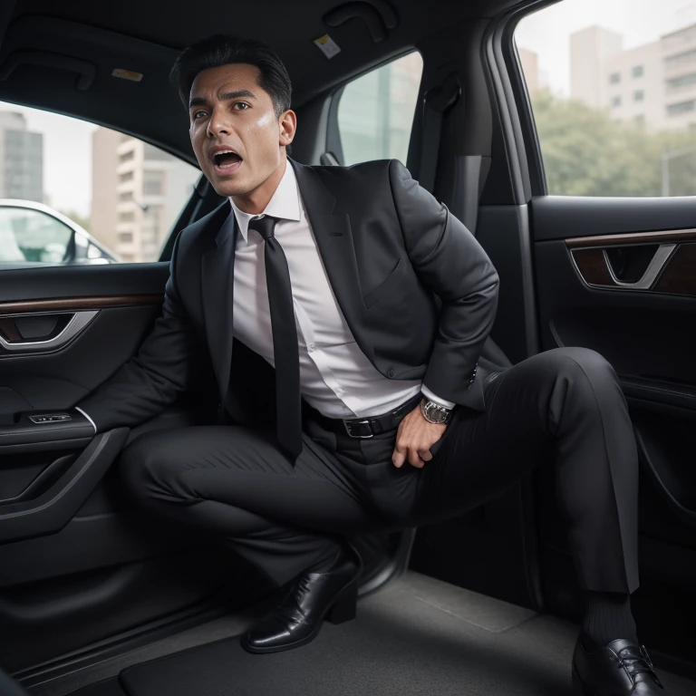 40-year-old male,Black suit,Inside the car、mafia、Tall man、Squat with your legs wide apart、I have an erection、The crotch area of the pants is bulging,logic,Gay ,Very short hair、、Stubble,Iraqi face,Hermes Belt。Black socks、Equipped with a gun、Screaming under attack、Painful face