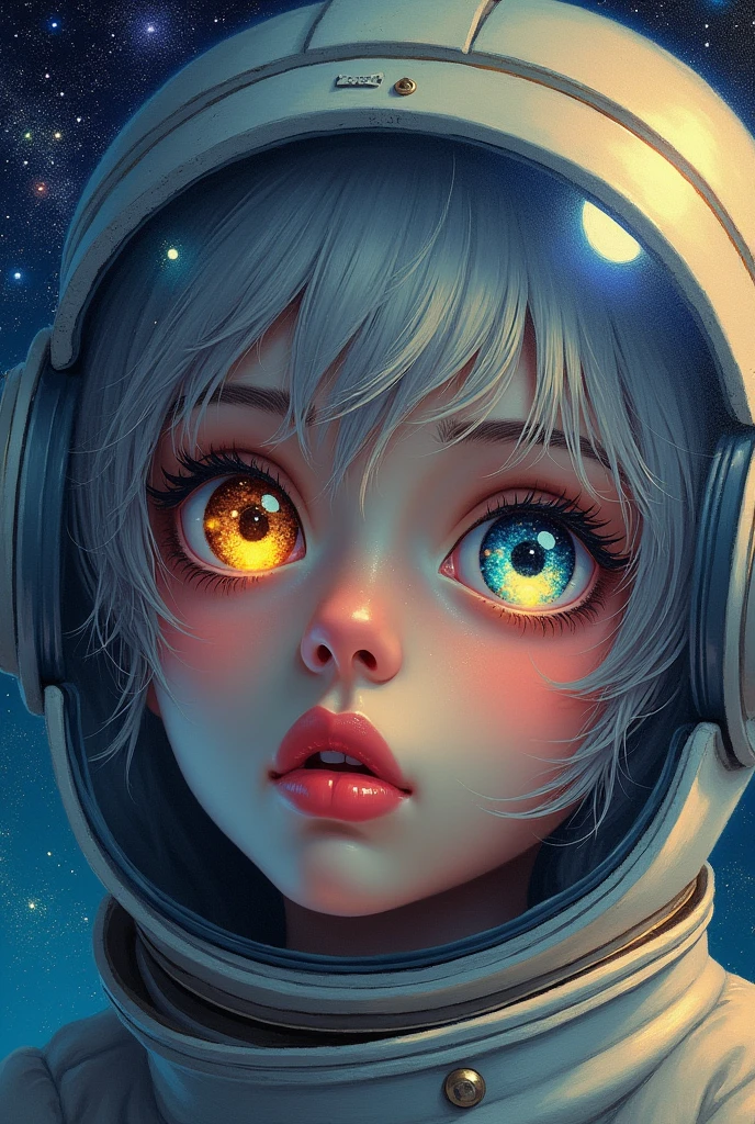 (Close-up of a better masterpiece:1.5)0.9], (Space and astronauts:1.2) (Messy silver hair:1.1) (Heterochromia xanthochromia and blue eyes:1.2) (Space Helmet:1.0) (Colored stars in the eyes:1.0) (A radiant glow:1.1) (thick lips:0.9)