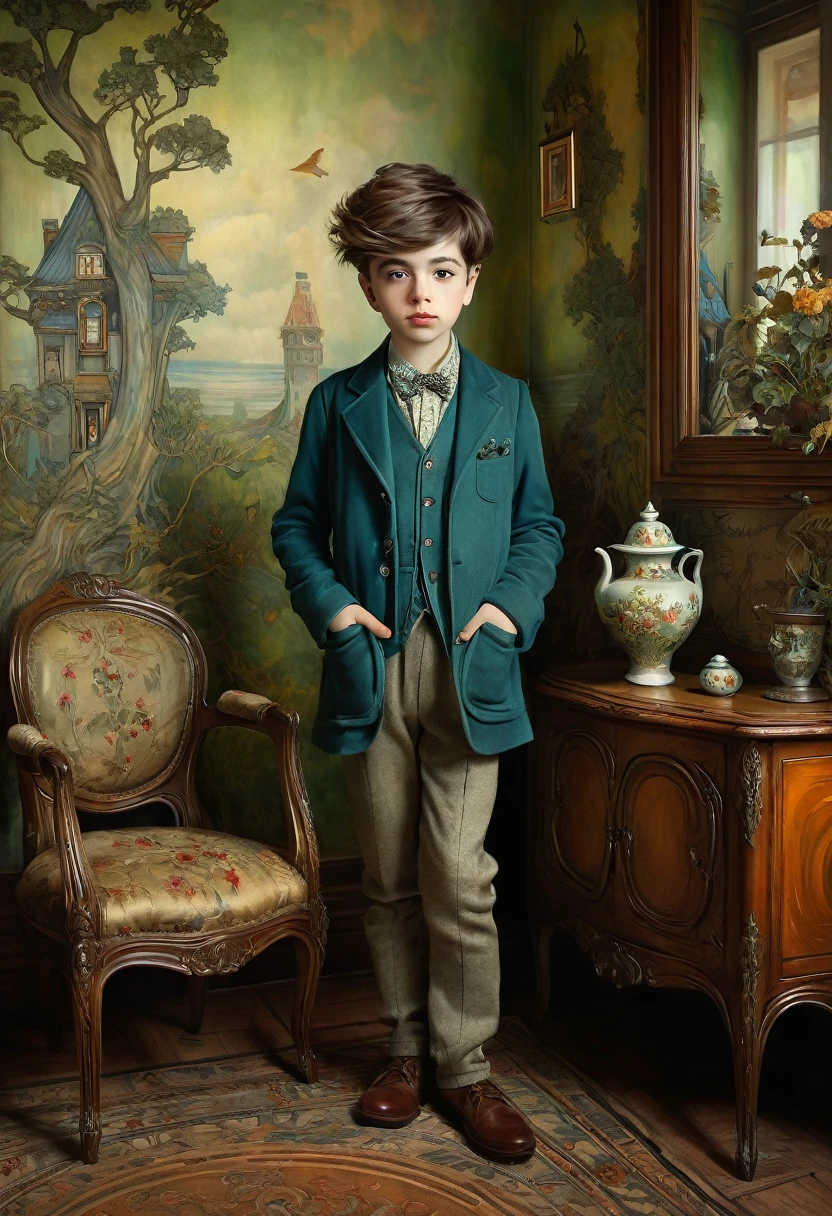 Oil painting. Create a hyper-realistic full body photo, standing, of a boy wearing nice clothes in a cozy room. Art Nouveau, Alexander Jansson, Arthur Rackham, Mark Ryden.