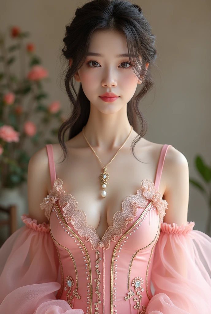 A sophisticated mature young woman wearing pink lolita clothing，Full body front，Asian，The skin is relatively white，Gorgeous clothing，Clothes have silky transparent lace，Gold wire trim，Gemstone embellishment，Pearl necklace hanging on the top