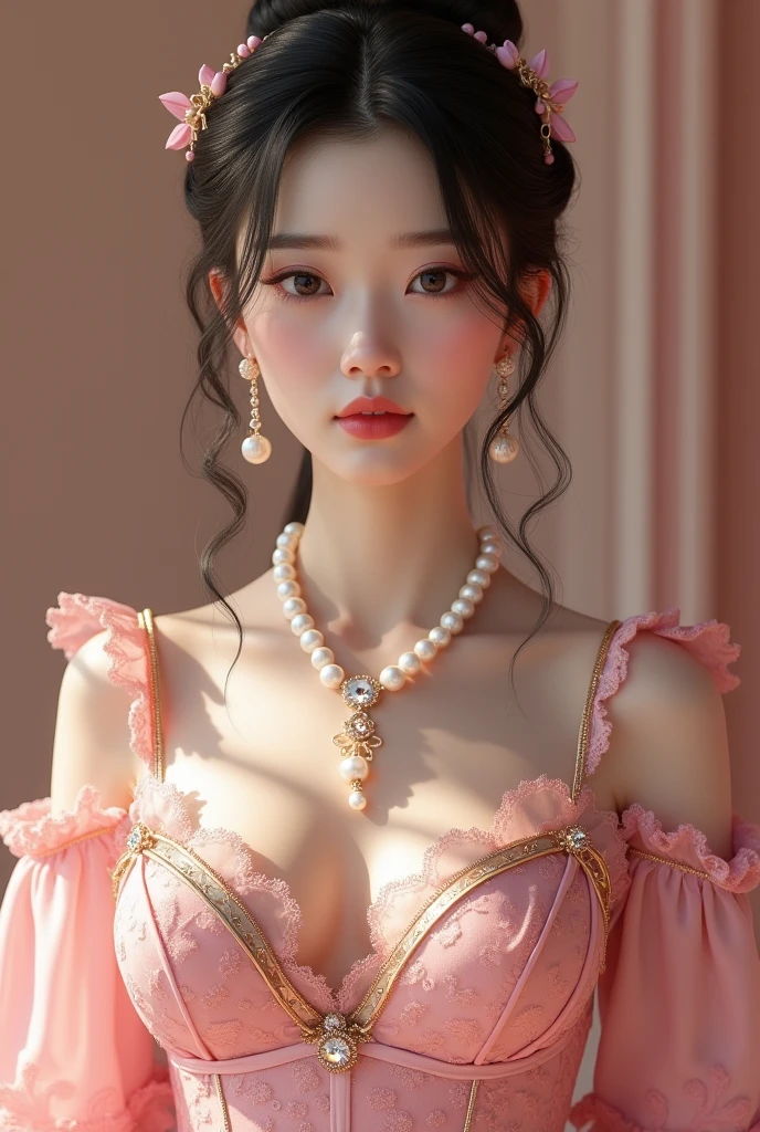 A sophisticated mature young woman wearing pink lolita clothing,Full body front,Asian,The skin is relatively white,Gorgeous clothing,Clothes have silky transparent lace,Gold wire trim,Gemstone embellishment,Pearl necklace hanging on the top
