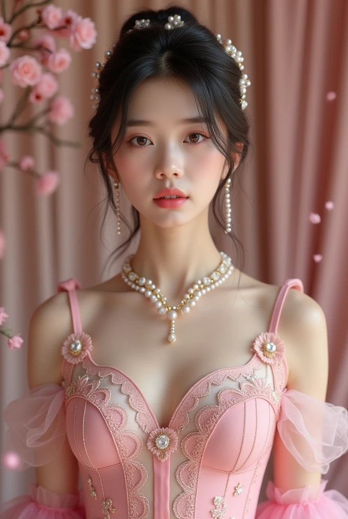 A sophisticated mature young woman wearing pink lolita clothing，Full body front，Asian，The skin is relatively white，Gorgeous clothing，Clothes have silky transparent lace，Gold wire trim，Gemstone embellishment，Pearl necklace hanging on the top