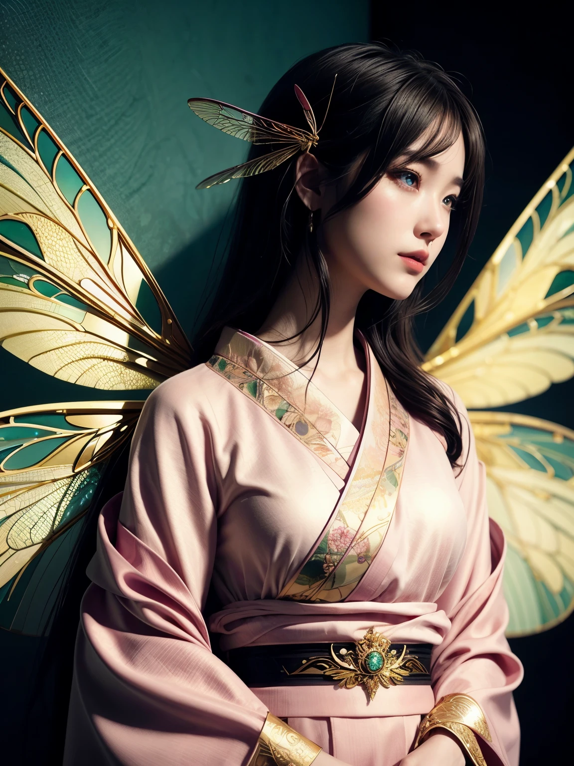 (high quality), (masterpiece), (detailed), 8K, Hyper-realistic illustration of (Japanese girl1.2) with stunning (dragonfly-inspired attire1.3) adorning her upper body. (Delicate, filigree-patterned armor1.2) with (iridescent dragonfly wings1.3) attached to her shoulders, shimmering in (soft, warm light1.2). (Pastel, rose-petal pink1.2) accents on her (elegant, high-collared kimono1.2) complement her (large, expressive eyes1.3). Trending on DeviantArt.