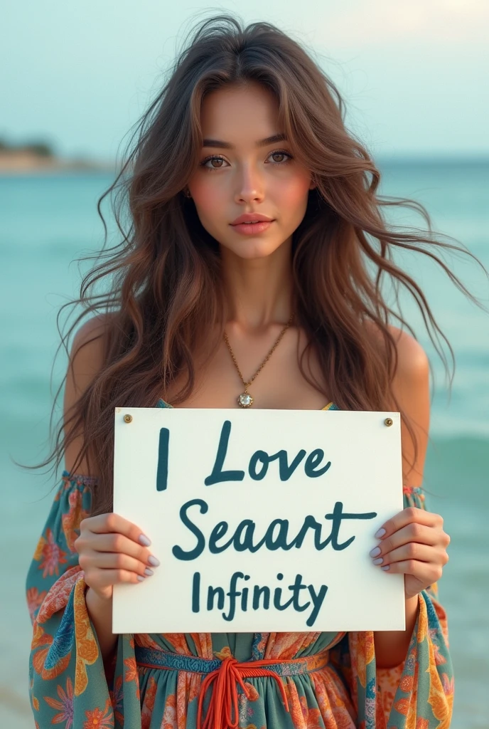 Beautiful girl with wavy long hair, bohemian dress, holding a white board with text "I Love Seaart Infinity" and showing it to the viewer