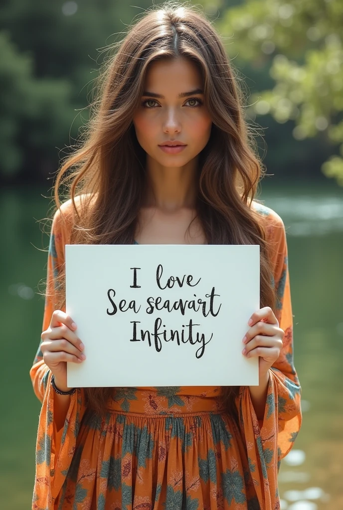 Beautiful girl with wavy long hair, bohemian dress, holding a white board with text "I Love Seaart Infinity" and showing it to the viewer