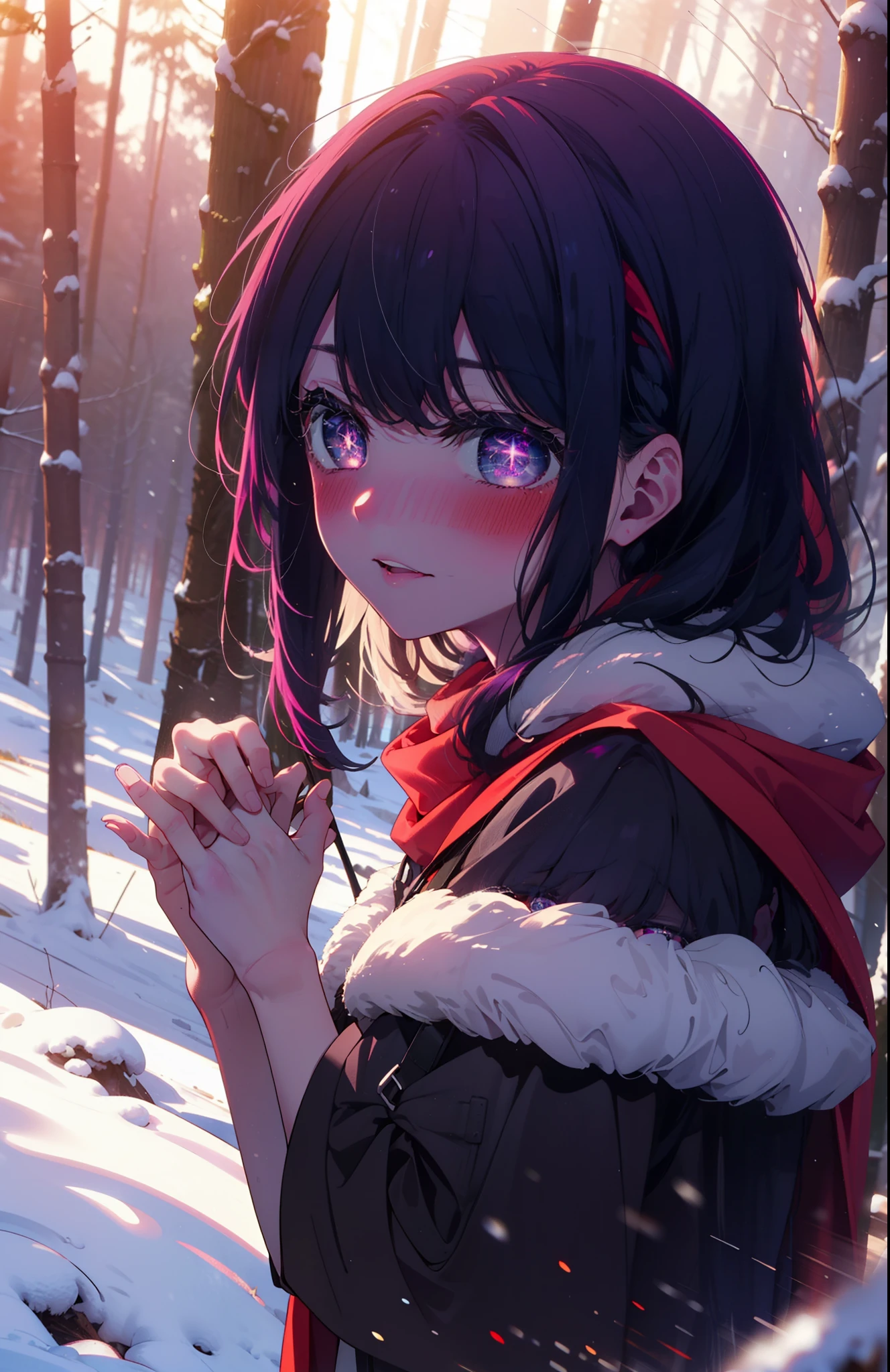 aihoshino, Ai Hoshino, Long Hair, bangs, (Purple eyes:1.1), Purple Hair, (Symbol-shaped pupil:1.5), smile,,smile,blush,white breath,
Open your mouth,snow,Ground bonfire, Outdoor, boots, snowing, From the side, wood, suitcase, Cape, Blurred, , forest, White handbag, nature, Squat, Mouth closed, Cape, winter, Written boundary depth, Black shoes, red Cape break looking at viewer, Upper Body, whole body, break Outdoor, forest, nature, break (masterpiece:1.2), Highest quality, High resolution, unity 8k wallpaper, (shape:0.8), (Beautiful and beautiful eyes:1.6), Highly detailed face, Perfect lighting, Highly detailed CG, (Perfect hands, Perfect Anatomy),