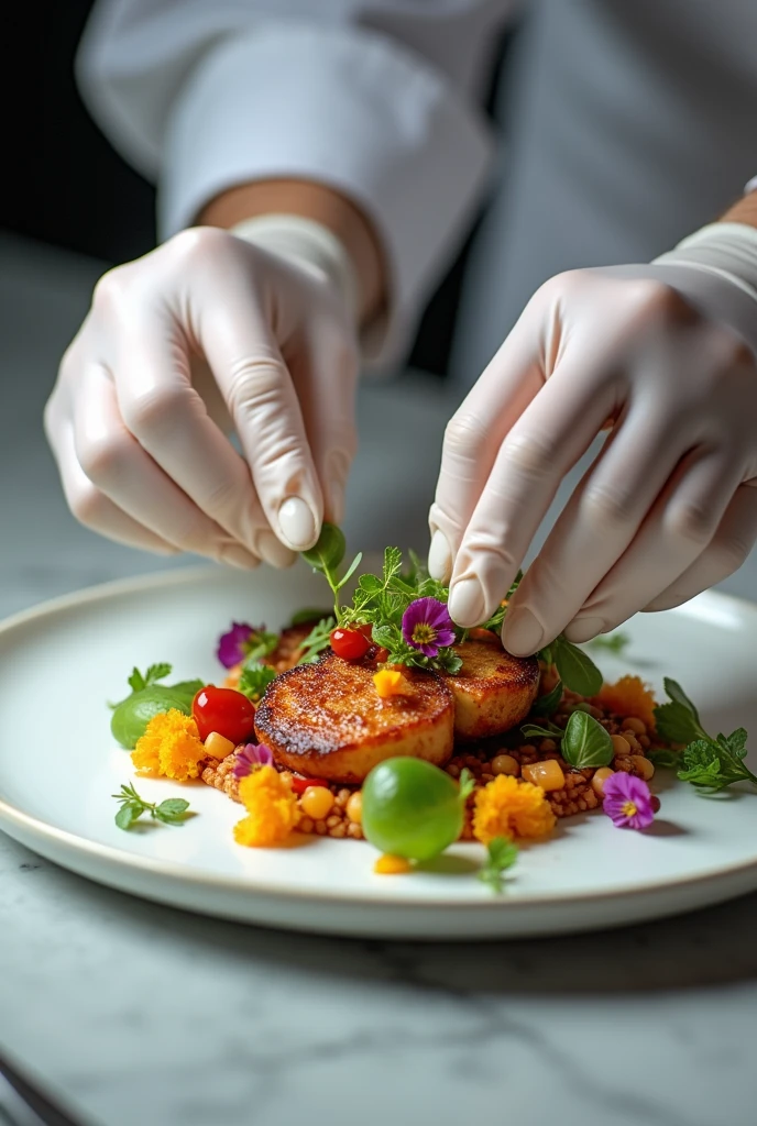 Glove hands garnishing on cooked food