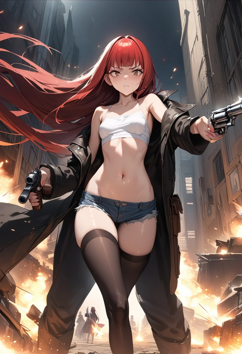 Gun action scene、A woman confronting a villain、((masterpiece,best quality anime,Highest quality:1.3)),realistic,cowboy shot,(25 year old beauty), gunslinger ,1woman,独奏,((very small head:1.4)),((very long body:1.3)),red hair,bangs,straight long hair,gorgeous big eyes,brown eyes,Angry expression、(Black long coat),Wearing a white tube top shirt under the coat,navel、(denim micro shorts、black_thighhighs),((slender body:1.3,skinny)),small breasts,(Shoot a gun:1.3,Firing stance),gleaming skin,shiny skin,Holding a gun in hand,revolver、Western cityscape、The World of Westerns、