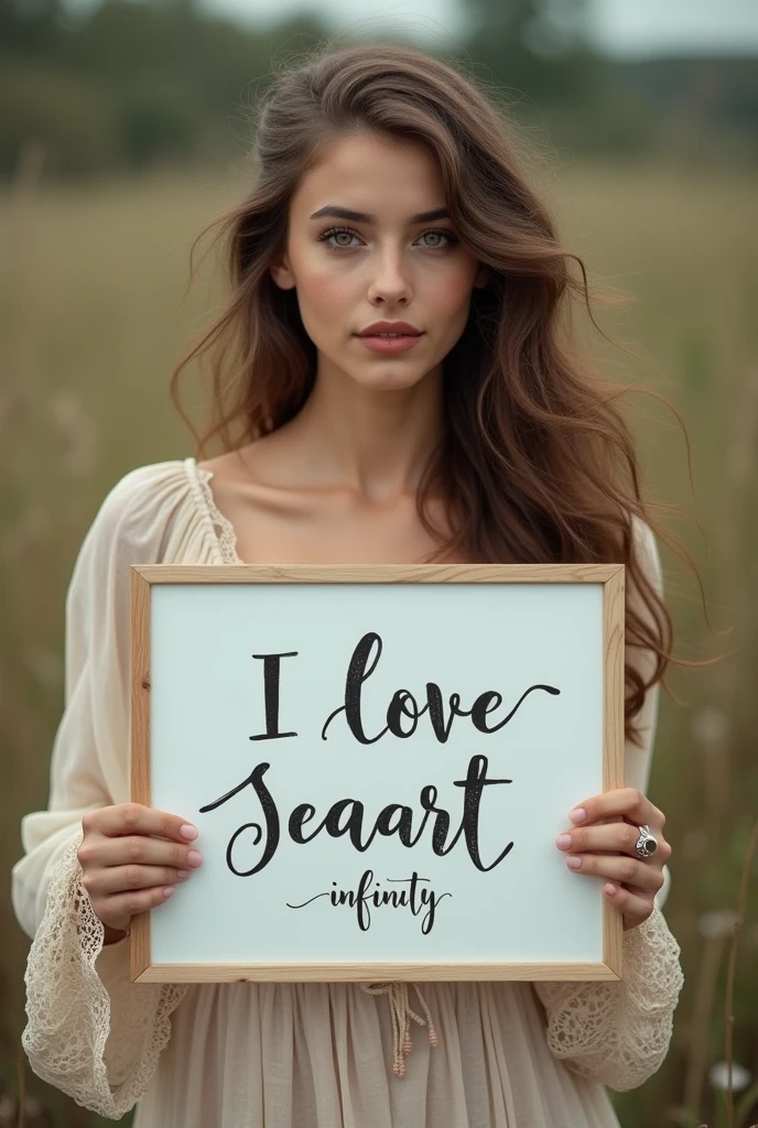 Beautiful girl with wavy long hair, bohemian dress, holding a white board with text "I Love Seaart Infinity" and showing it to the viewer