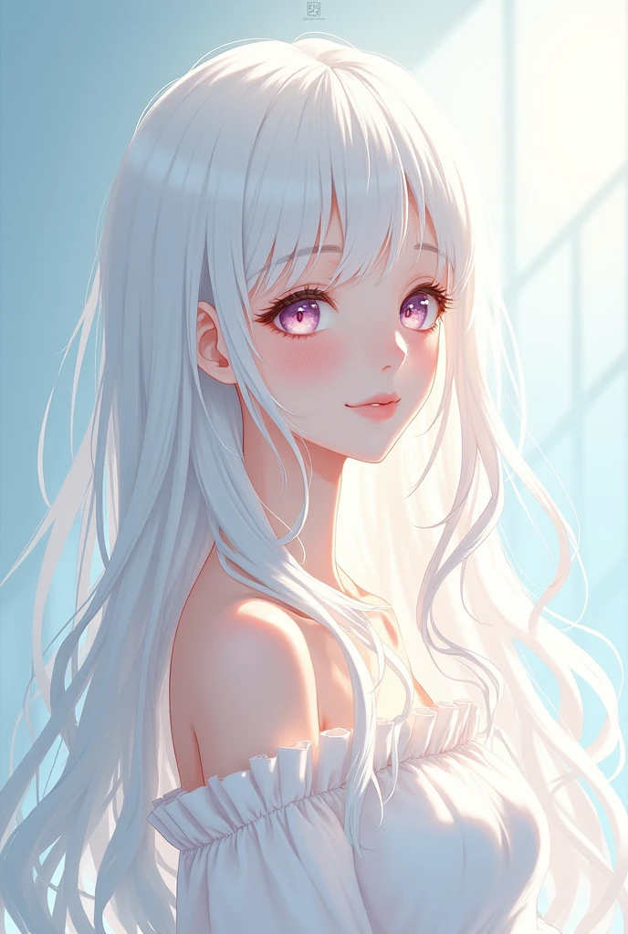 Draw a white-haired girl with a 3:1 ratio in the anime style, with her whole body on the screen.