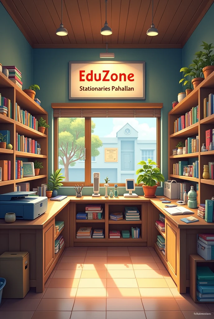 I have a shop selling books & Stationary items . shop name is ''EduZone Stationaries Palhallan" there is also a small printer and laptop in my shop. Generate a photo interior of this shop with name tag