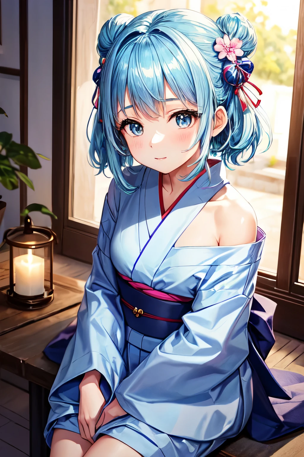 ((Highest quality)), ((masterpiece)), (detailed), One Girl, Off-the-shoulder sweater, ,Light blue hair,yukata,cute,night