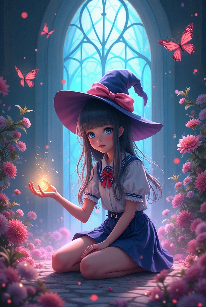 schoolgirl，witch，witchの帽子，Blue colored eyes、butterfly、flower，Short skirt，magic，Particle FX，The light from the window behind is backlit.，sat on the ground、Colored Glass、Complementary Color，Complex background，Best Quality，8k，Masterpiece: Faces are the focus