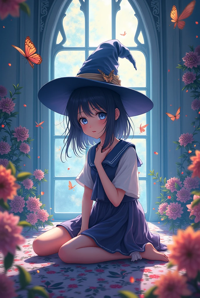 schoolgirl，witch，witchの帽子，Blue colored eyes、butterfly、flower，Short skirt，magic，Particle FX，The light from the window behind is backlit.，sat on the ground、Colored Glass、Complementary Color，Complex background，Best Quality，8k，Masterpiece: Faces are the focus