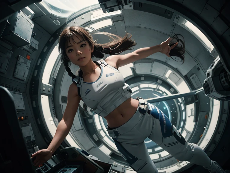(8k, RAW photo, best quality, masterpiece), (photorealistic), outstanding details, ultra-high resolution, anatomically correct, textured skin, (Extremely precise and accurate anatomy),
Ultra Detailed Face, Detailed Eyes,
(whole body), (full body), (Wide-angle lens effect:1.2),
a beautiful female space pilot, (Cute Japanese girl , 20-year-old), (light smile:1.2), (Mouth slightly open) ,
(white tank top), (blue leggings), barefoot, Side braids, Brown Hair, cinematic lighting in the hair, hair light, wind in the hair,
the girl is floating around in zero gravity in a cabin of a futuristic spaceship,
no gravity, weightless, flying around, Free to move up and down,
(A spacious white cylindrical cabin), a minimalist cabin, white walls, subdued light in the spaceship, lots of displayers and instruments are the main source for the light in the scene, displayers in orange and blue light,
(through a window in the spaceship we can see the black hole from the movie Interstellar), or a spiral galaxy,
(backlighting),
(reflection light from below:1.4),
atmospheric perspective, depth of field,
(dramatic lighting), cinematic lighting,