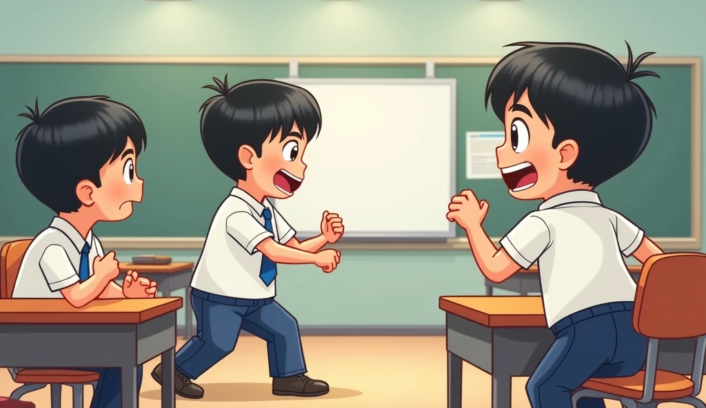 /image prompt: chinese student wear chinese school uniform( white shirt and blue pants,) ??? 3 years old boy fight other classmates, always angry ,many classmates scared of him ,confrontation, in classroom, have table, no one want to stay near him,  Q-version character but draw by hands for teacher ppt emotional tension, empty space around, cartoon style, HD, 16k --ar 3:4 --v 6.0