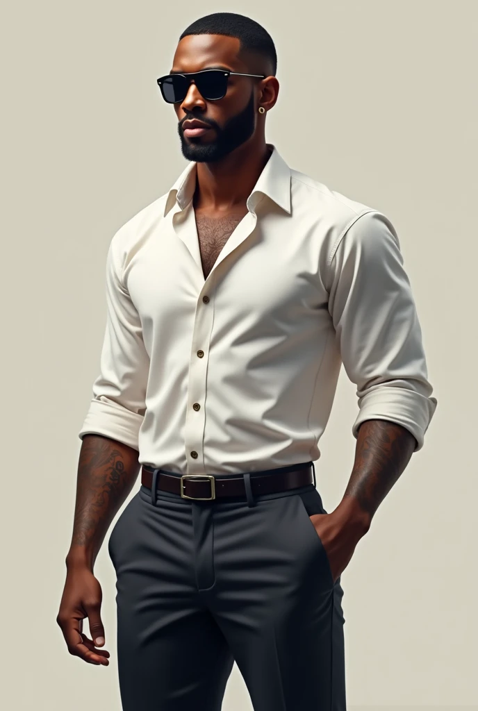 Create a very black black man with sunglasses and an American cut with an earring and a dress shirt with the first button fastened and rolled up to the elbow with a tattoo, dress pants and dress shoes.