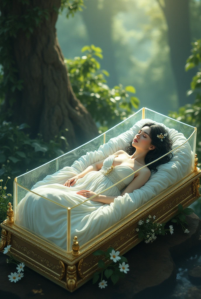 Rachel Zagler as snow White sleeps in a class coffin