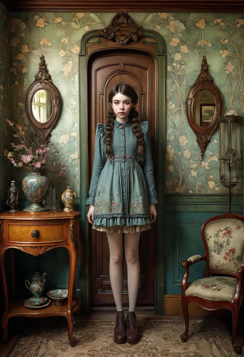 Create a hyper-realistic full body photo, standing, of a girl wearing nice clothes in a cozy room. Art Nouveau, Alexander Jansson, Arthur Rackham, Mark Ryden.