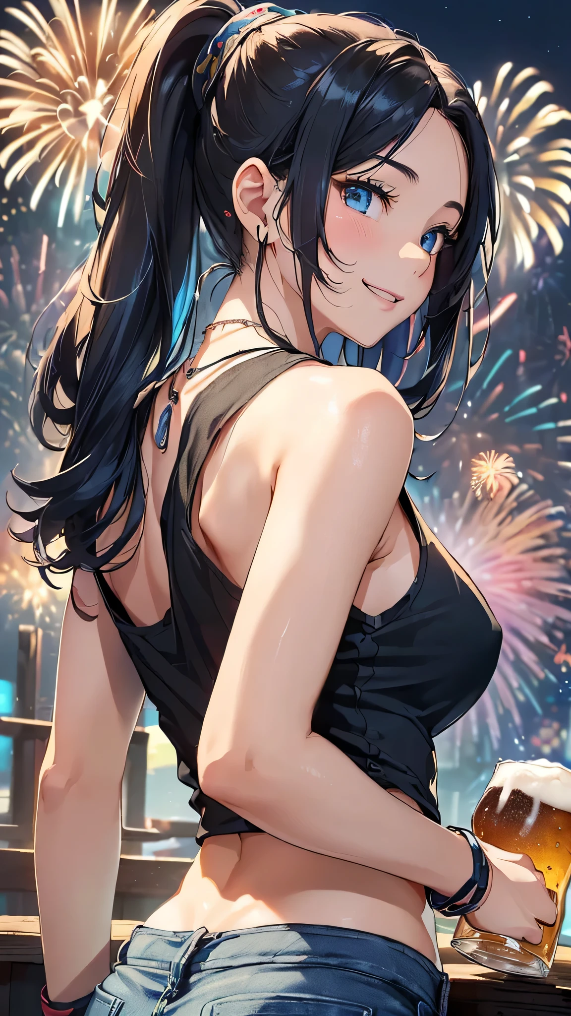 最high quality、Best image quality、masterpiece、With a girl((cute、20-year-old、Best Bust、Medium Bust、Beautiful Blue Eyes、Spread your chest wide,Black Hair、ponytail、Disheveled Hair、thin、Highest Valley、Blue Tank Top、Blue shorts、smile、Beer を持つ、Drunk、necklace、Wristband、Back view)）high quality、Beautiful art、background((night、festival、stall、Fireworks、Beer )),Tabletop、Exquisite design、Visual Arts、Written boundary depth、Best lighting、Highest detail、8ｋ