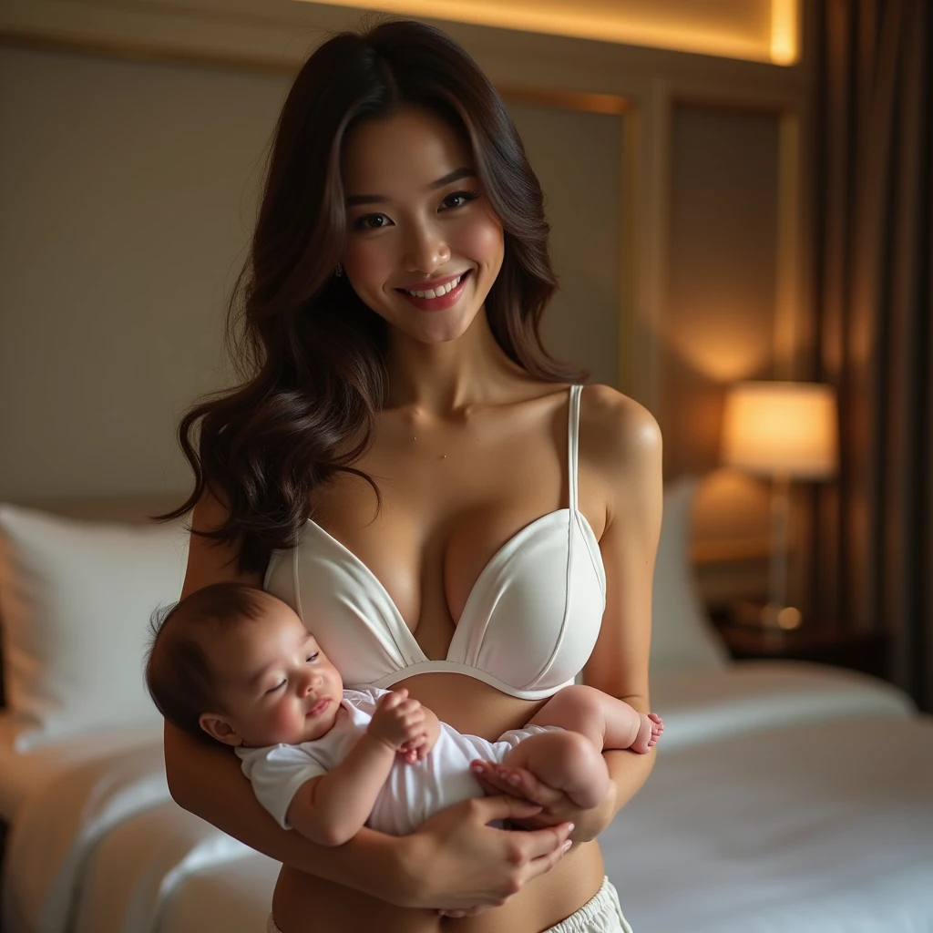 (best quality、On the table、8K、Best image quality、Award-winning works)、(Beautiful mother holding her baby:1.1)、(Large Breasts:1.5)、Highlight your body lines、Ultra HD hair、Ultra-high resolution perfect teeth、The most beautiful smile is looking at me、Ultra HD Beauty、Ultra HD hair、Ultra HD shining eyes、Radiant Ultra-HD White Skin、Ultra-high quality glossy lipstick、(Accurate anatomy:1.2)、(Extremely blurred luxury hotel bedroom background:1.1)、(The background is very blurry:1.1)、Luxury wall decoration、Luxurious interior、(Royal VIP bedroom in the most luxurious hotel:1.2)、(Melancholic and luxurious lighting:1.1)
