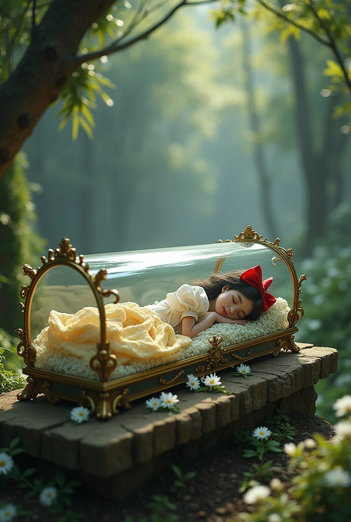 Rachel Zagler as snow White sleeps in a cl coffin 