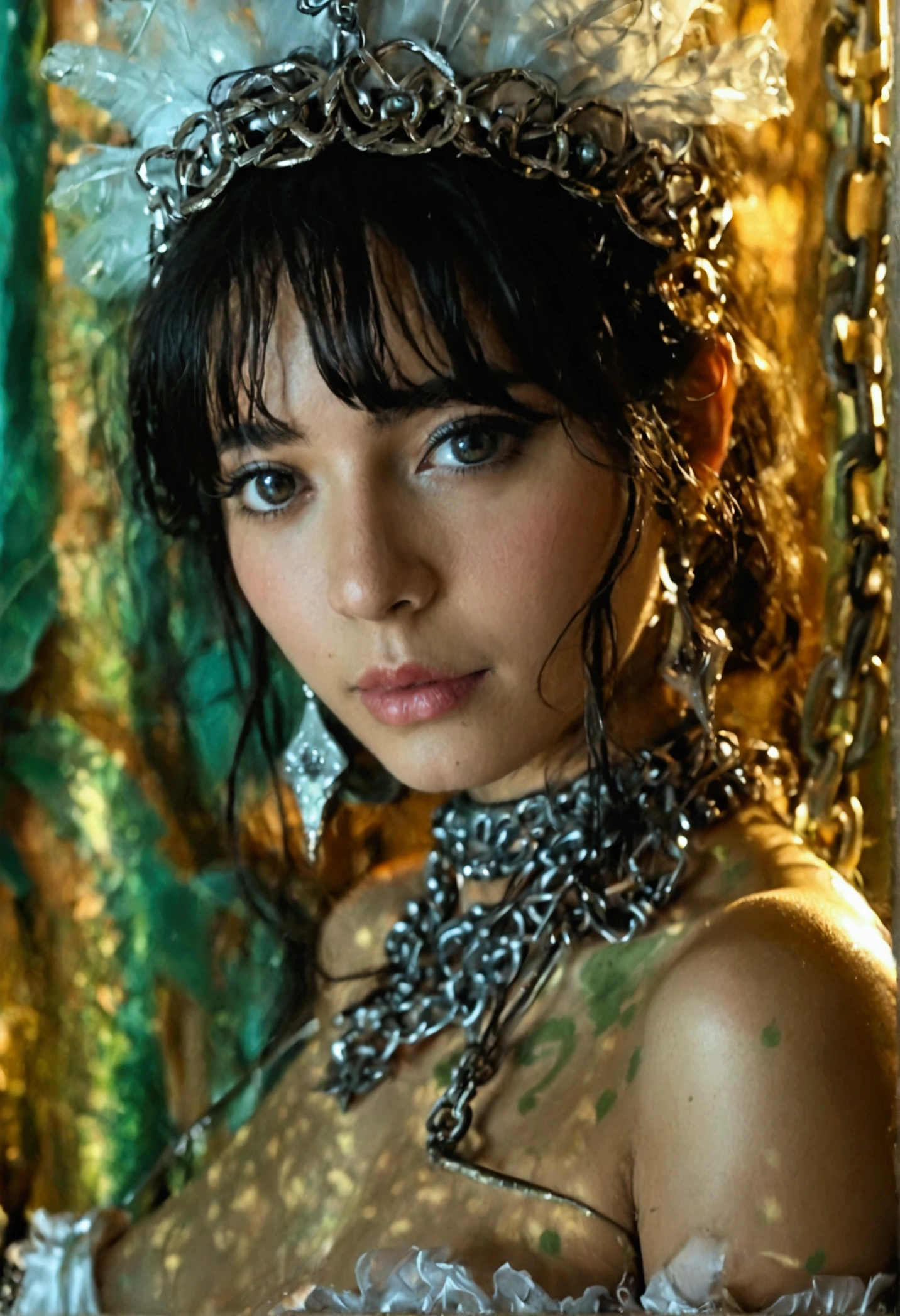 RAW photo, ultrarealistic, photorealism, a pretty girl in a sexy exotic dancer costume is in a sex slavery, sex slave, slave, chains