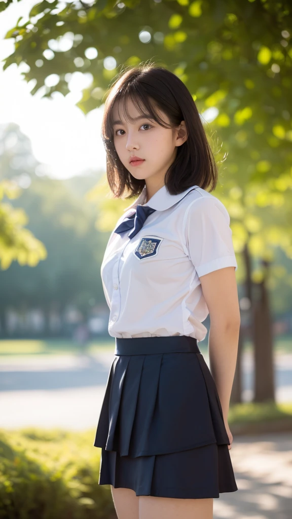 18-year-old female, Long Hair, RAW Photos, Bokeh (realism: 1.4, Realistic), High-definition CG integrated 8K wallpaper, One girl, ((The body is slim: 1)), (Small breastss: 1), Back to viewers, ((Direct view from the front)), (high qualityスキン: 1.4), 8K Ultra HD, Digital SLR, Soft Light, high quality, Film Grain, Fujifilm XT3, ((school uniform, Short skirt,The open skirt is visible through:1.5)), ((Outdoor, at the park))) Janju, Portraiture,((Layered Short Haircut, Black Employment,Small breasts:1.2)),(View your viewers:1.4),(whole body:1.8)
