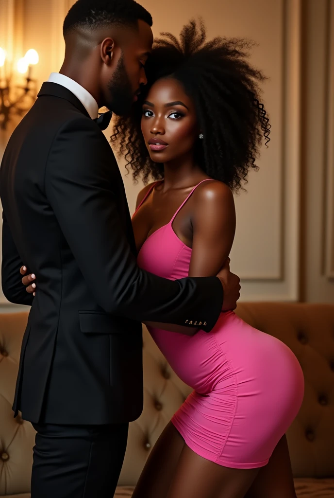 Very pretty black girl with wavy curly afro hair and blue eyes, Dressed in sexy pink gown. seductively hugging and grabbing the butt of a caucasian white man in black suit with his back facing the viewer. she is looking forward at the viewer seductively, Background of luxury mansion. Realistic photograph lifelike, cleavage, thigh, short skirt, sexy,
