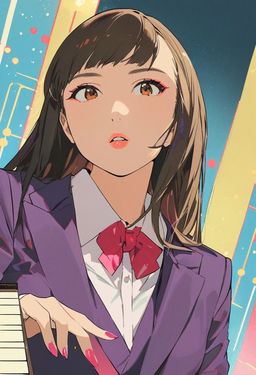 (masterpiece, Highest quality:1.1),Pop Art,Flat Color,
Woman in suit,Japanese,
In Edo,Dynamic Angle,Dynamic Angle,Beautiful lighting,photo portrait, pianist、Musical score