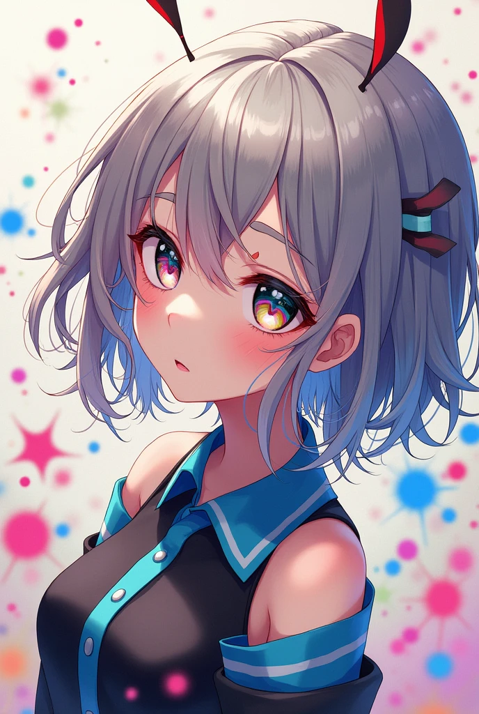 (((masterpiece))),(((Highest quality))),((Very detailed)),(figure),(Dynamic Angle), ((floating)),(paint),((Disheveled Hair)), (alone),(One girl), ((small_chest)), (((Detailed anima face))),((Beautifully detailed face)),collar,Exposing shoulders, Gray Hair, ((Colorful Hair)),((Striped Hair)), Beautiful attention to detail,(Gradient color eyes),(((Colorful eyes))), (((Colorful background))),(((High saturation))),(((Surrounded by colorful splashes))),(((Surrounded by colorful dots))),Colorful Bubbles,((The Shining))