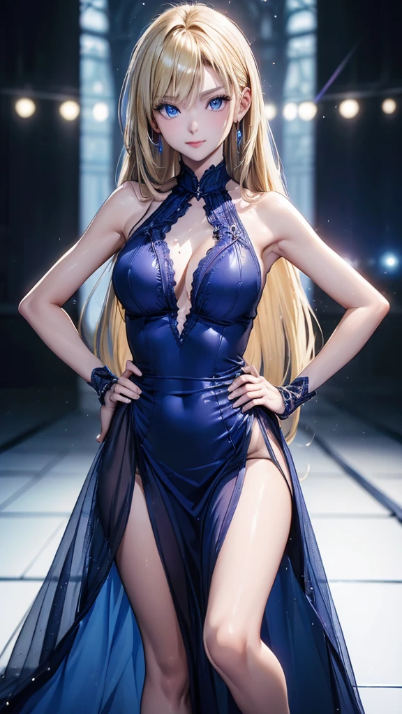 ((Highest quality, 8k, masterpiece: 1.3)),(A face with attention to detail, Eye for detail), Super Detail, Sharp focus beautiful woman, Slim abdomen, fashion show, Runway, catwalk, Supermodel, Glittering costumes, Gorgeous costumes, Light blue dress, Paris Fashion Week, Blonde, Long Hair, View your viewers, Posing with hands on hips