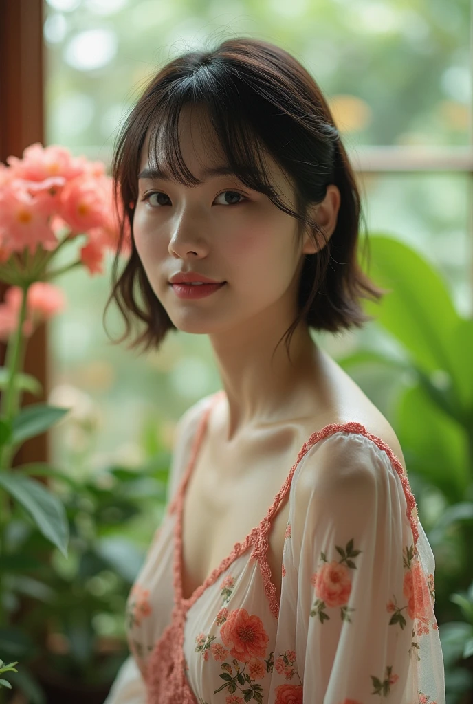 In a lush indoor garden, a Japanese woman wears a sheer top with a floral pattern, with a close-up focused on her breasts and the soft flowers behind her, creating a harmony of nature and beauty.