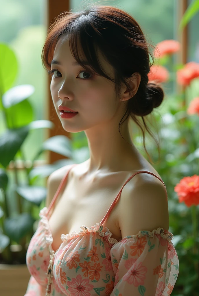 In a lush indoor garden, a Japanese woman wears a sheer top with a floral pattern, with a close-up focused on her breasts and the soft flowers behind her, creating a harmony of nature and beauty.