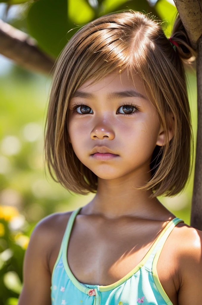 ((Cute Filipino girl)), ((Cute kid)),rned skin)), ((Bodybuilder)), ((Very muscular shoulders)), ((Filipino facial features))、((Blonde Hair, Brown Hair: 1.2)), ((shoulder length bob hair))、masterpiece, best quality, ultra detail, photography, HDR, ROW photo, extremely detailed face and eyes,