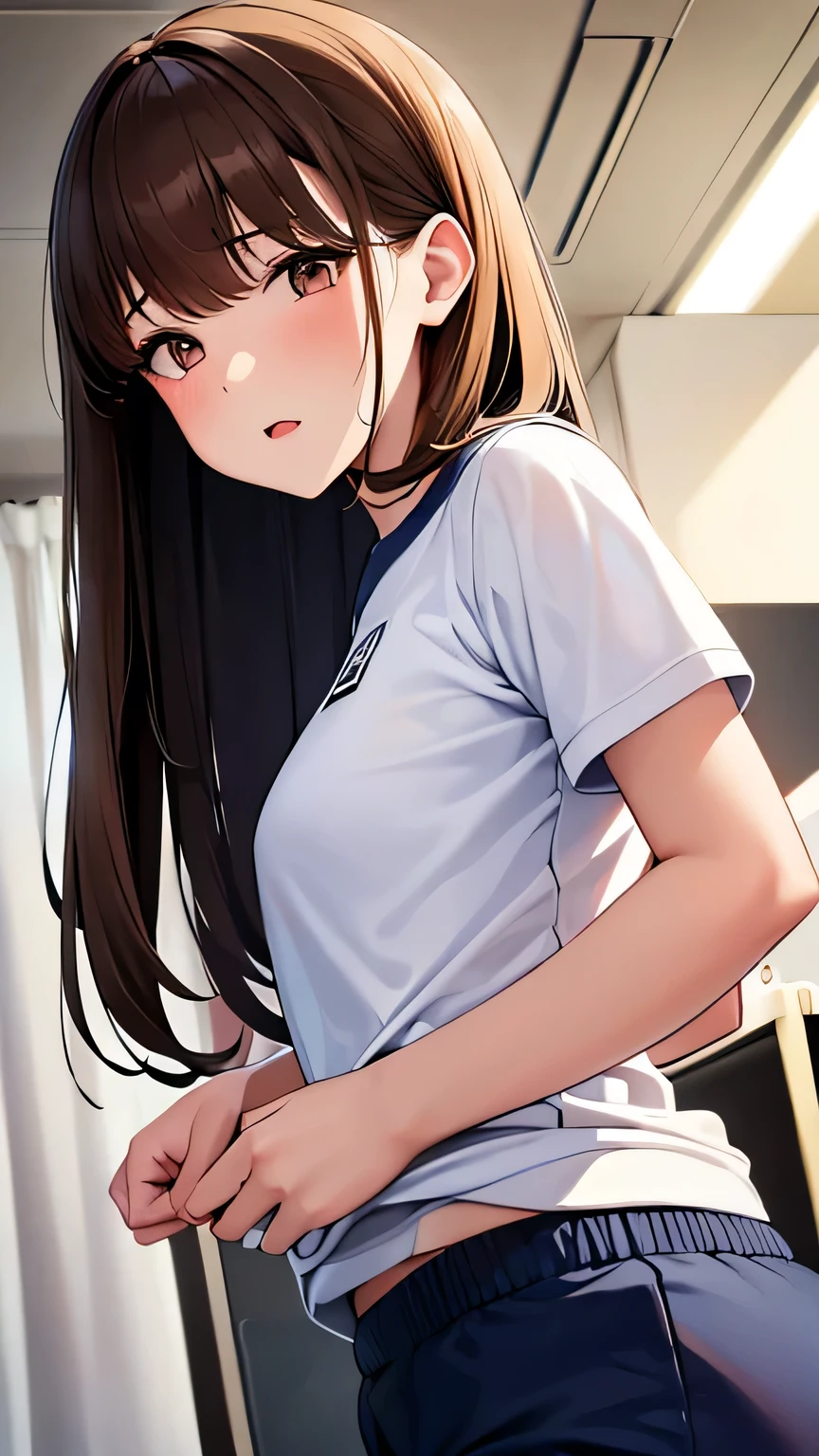 Highest quality, Soft Light, Ultra-high resolution,People Girls, alone, sexy, (Fearful face), (Brown eyes,Detailed beautiful eyes), Beautiful face in every detail,(High resolution detail of human skin texture), (Brown medium hair),(Sweat:1.4),(masterpiece:1.3),(Realistic:1.2),(Open your mouth:1.1),Sportswear,shorts,(back:1.2),Angle from below,classroom
