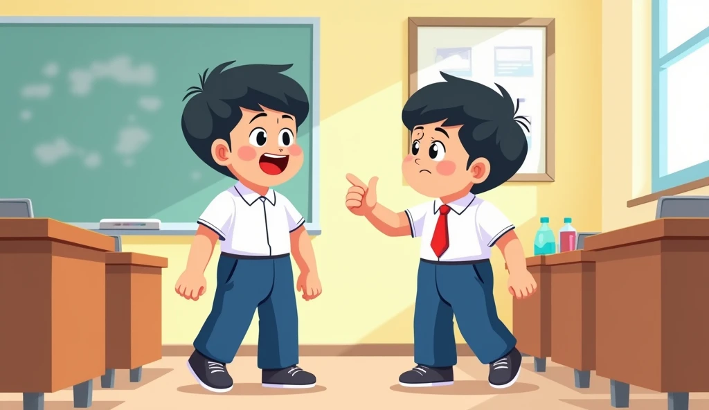 /image prompt: chinese student wear chinese school uniform( white shirt and blue pants,) ??? 3 years old boy fight other students, he always angry ,many classmates scared of him ,confrontation, in classroom, have table, no one want to stay near him, Q-version character but draw by hands for teacher ppt emotional tension, empty space around, cartoon style, HD, 16k --ar 3:4 --v 6.0