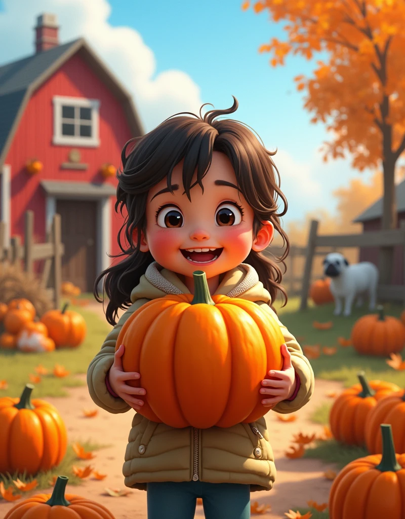 A girl,In the farmyard,Holding a big pumpkin,Happy smile,Pixar style,Anime style