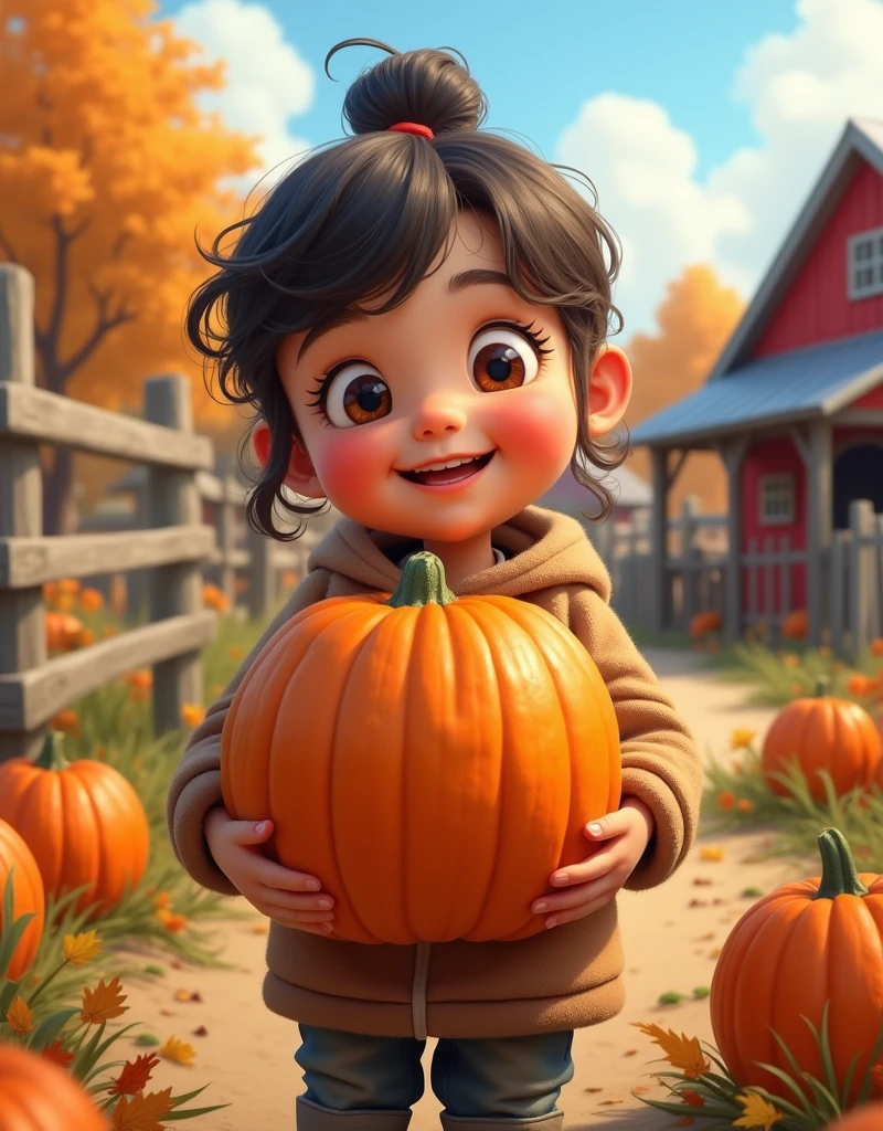 A girl，In the farmyard，Holding a big pumpkin，Happy smile，Pixar style，Anime style