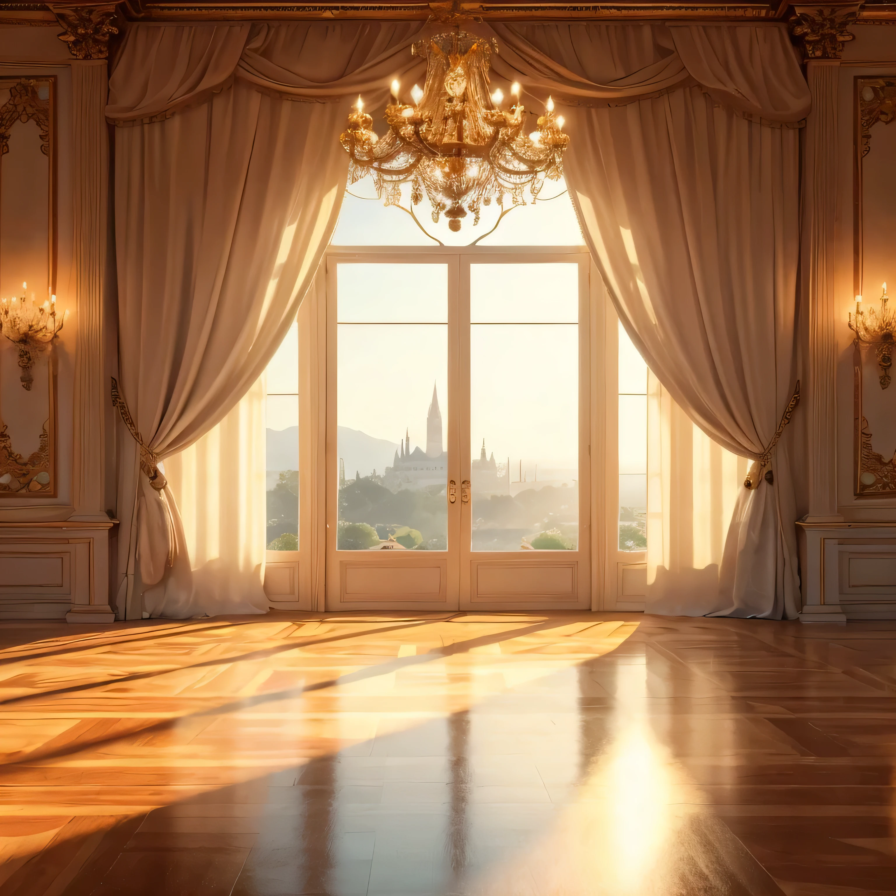 Create an opulent, grand interior of a palace with large windows draped in luxurious white curtains. The room should feature polished wooden floors reflecting the sunlight streaming through the window. The walls are adorned with golden ornate designs and tall mirrors. Elegant chandeliers hang from the ceiling, casting a warm, inviting glow across the room. The window offers a view of a serene landscape with a distant castle or palace visible in the background, slightly blurred to emphasize the depth and grandeur of the room."